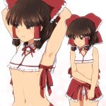  1girl alternate_costume arms_behind_head arms_up bare_arms bare_shoulders bell bow breasts brown_eyes brown_hair commentary_request eyebrows_visible_through_hair frilled_bow frills frown hair_bow hair_tubes hakurei_reimu jingle_bell looking_away looking_to_the_side miniskirt multiple_views navel neck_bell neck_ribbon no_bra panties red_bow red_ribbon ribbon shirosato short_hair sidelocks skirt small_breasts stomach thigh_gap touhou underboob underwear white_background white_panties 