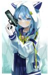  1girl absurdres animal_hood apex_legends bangs belt black_sailor_collar blue_eyes blue_hair blush box brooch cat_hood collarbone commentary_request eyebrows_visible_through_hair gun heart-shaped_box highres holding holding_gun holding_weapon hololive hood hood_up hooded_jacket hoshimachi_suisei jacket jewelry long_sleeves looking_at_viewer nappi0110 neckerchief open_clothes open_jacket re-45_auto sailor_collar sailor_shirt shirt skirt solo star_brooch virtual_youtuber weapon white_belt white_jacket yellow_neckerchief 