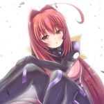  1girl :o ahoge blush bow breasts brown_eyes eyebrows_visible_through_hair fortified_suit hair_bow head_tilt highres kagami_sumika kenran_butou looking_at_viewer medium_breasts muvluv muvluv_alternative pilot_suit red_hair sitting skin_tight solo white_background yellow_bow 