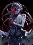  1boy amamiya_ren black_hair black_jacket buttons cofffee gloves hair_between_eyes hand_over_eye high_collar jacket long_jacket patterned_background persona persona_5 red_eyes red_gloves short_hair sleeve_cuffs solo upper_body 
