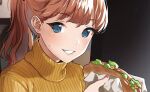  1girl blue_eyes close-up doushimasho earrings eyebrows_visible_through_hair food holding holding_food jewelry looking_back mole mole_on_cheek nail_polish original ponytail red_hair red_nails shirt smile solo sweater turtleneck turtleneck_sweater yellow_shirt 