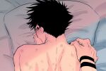  2boys arm_tattoo back bed bed_sheet bent_over bite_mark black_hair black_nails blush commentary_request completely_nude covering_mouth from_behind fushiguro_megumi fushirun_rung hickey highres implied_anal implied_sex jujutsu_kaisen male_focus multiple_boys nape nude pillow ryoumen_sukuna_(jujutsu_kaisen) sex sex_from_behind short_hair shoulder_blades shoulder_grab spiked_hair tattoo yaoi 