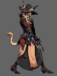  2022 anthro beatrix_foljambe boots bottomwear clothed clothing cowboy felid feline female footwear full-length_portrait fully_clothed grey_background grin gun hat headgear headwear hi_res holding_gun holding_object holding_weapon holster jacket leather leather_clothing leather_jacket leather_topwear looking_back mammal portrait ranged_weapon russianbluenx01 simple_background skirt smile solo topwear weapon 