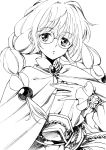 1girl agahari braid brooch cape glasses hair_over_shoulder jewelry long_hair looking_at_viewer monochrome philia_felice round_eyewear simple_background solo tales_of_(series) tales_of_destiny twin_braids white_background wing_brooch 