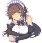  1girl alternate_costume bangs black_bow black_dress bow breasts brown_hair cat_with_a_brush clenched_hand detached_sleeves dress enmaided eyebrows_visible_through_hair highres large_breasts long_hair looking_at_viewer maid maid_headdress muvluv muvluv_alternative muvluv_total_eclipse parted_lips purple_eyes smile solo takamura_yui white_background 