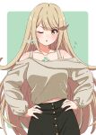  1girl absurdres bangs bare_shoulders black_skirt blonde_hair blush breasts brown_shirt collarbone flying_sweatdrops fuusuke_(fusuke208) hands_on_hips highres long_sleeves looking_at_viewer medium_breasts mythra_(xenoblade) navel one_eye_closed open_mouth puffy_long_sleeves puffy_sleeves shirt skirt solo twitter_username upper_body xenoblade_chronicles_(series) xenoblade_chronicles_2 yellow_eyes 