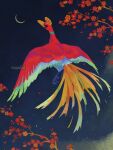  animal_focus bird closed_mouth crescent_moon falling_petals flower full_body highres ho-oh looking_back miyaulait moon night orange_eyes outdoors petals pokemon red_flower signature sky watermark 