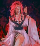  1girl arm_tattoo artist_name black_nails breast_tattoo breasts cleavage english_commentary extra_eyes facial_mark facial_tattoo genderswap genderswap_(mtf) grin highres japanese_clothes jujutsu_kaisen kimono long_hair looking_at_viewer medium_breasts pink_hair red_eyes riaxart ryoumen_sukuna_(jujutsu_kaisen) smile solo tattoo 