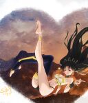  1girl ;p absurdres anklet armlet asymmetrical_clothes bangs barefoot black_hair black_shorts breasts bustier crown dated detached_sleeves earrings falling fate/grand_order fate_(series) full_body highres hoop_earrings index_finger_raised ishtar_(fate) jewelry long_hair long_legs looking_at_viewer mountainous_horizon narrow_waist neck_ring one_eye_closed parted_bangs plantar_flexion red_eyes shi_boyuan short_shorts shorts single_detached_sleeve single_thighhigh small_breasts solo stirrup_legwear thighhighs toeless_legwear tongue tongue_out two_side_up 