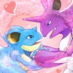  artist_name blue_eyes blush breasts bright_pupils claws commentary couple eye_contact from_side hands_up heart height_difference highres holding_hands horns ka_ei_volltis light_blush looking_at_another medium_breasts nidoking nidoqueen open_mouth pink_background pokemon pokemon_(creature) profile sharp_teeth signature single_horn standing teeth twitter_username upper_body white_pupils 