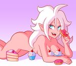  2018 absurd_res alien alien_humanoid blue_eyes breasts butt cake convenient_censorship cupcake dessert doughnut dragon_ball dragon_ball_fighterz ear_piercing ear_ring female food hair hi_res humanoid humanoid_pointy_ears long_hair majin majin_android_21 not_furry open_mouth piercing pink_body pink_skin simple_background solo teeth thechemicalbro tongue white_hair 