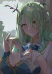  1girl bangs braid branch breasts ceres_fauna cleavage clothes_lift earrings green_hair highres hololive hololive_english horns jewelry kumagapaniti large_breasts leaf looking_down medium_hair outdoors shade shadow sunlight wavy_hair wiping_sweat yellow_eyes 