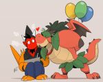  &lt;3 anthro balloon beanie black_hair blush bottomwear clothing dragon duo facial_hair goatee hair hat headgear headwear hi_res hikaze_(character) hikazedragon horn inflatable kissing kissing_cheek leaf leaf_hair leaf_skirt male male/male orange_body pants plant plant_hair pseudo_hair scalie sleeveless_hoodie tattoo wings 