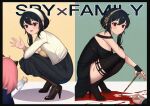  1boy 2girls :d anya_(spy_x_family) bangs bare_shoulders black_border black_dress black_footwear black_gloves black_hair black_legwear black_skirt blood blood_on_arm blood_on_clothes blood_on_hands blood_on_leg blue_dress blush boots border breasts brown_legwear closed_mouth commentary copyright_name dress eyebrows_visible_through_hair fingerless_gloves gloves hair_between_eyes hairband hand_up high_heels holding jacket large_breasts long_hair long_sleeves medium_breasts multiple_girls multiple_views out_of_frame pantyhose pink_hair pool_of_blood red_eyes shirt shoes skirt sleeveless sleeveless_dress smile spy_x_family squatting symbol-only_commentary symmetry thigh_boots thighhighs uneg white_hairband white_jacket white_shirt yor_briar 