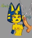  2022 animal_crossing ankha_(animal_crossing) balls blue_hair bodily_fluids breasts cum cumshot dialogue disembodied_penis domestic_cat duo ejaculation english_text erect_nipples erection felid feline felis female female_focus genital_fluids genitals guillion hair handjob hi_res humanoid_genitalia humanoid_penis male male/female mammal nintendo nipples nude open_mouth penile penis sex solo_focus text unimpressed uraeus video_games yellow_body 