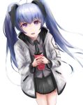  1girl black_necktie black_skirt collared_shirt cup cureecoolan drinking_straw eyebrows_visible_through_hair grey_hair grey_shirt holding holding_cup hood hooded_jacket immortals:_muvluv_alternative jacket looking_at_viewer muvluv muvluv_alternative necktie purple_eyes shirt skirt smile solo twintails watch white_background white_jacket wristwatch yashiro_kasumi 