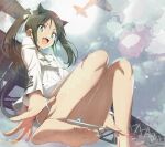  1girl aircraft airplane animal_ears bare_legs barefoot black_hair cat_ears cloud fang foot_out_of_frame francesca_lucchini green_eyes hair_ribbon jacket jet_yowatari long_hair military military_uniform open_mouth panties panty_pull pulled_by_self pussy pussy_peek ribbon sky smile soles solo strike_witches striped striped_panties sun sunlight toes twintails underwear uniform white_ribbon world_witches_series 