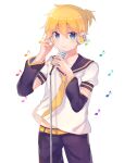  1boy absurdres aqua_eyes bass_clef blonde_hair blue_eyes closed_mouth commentary_request cowboy_shot detached_sleeves hair_between_eyes hand_on_own_face headphones headset highres kagamine_len koharu_62 looking_at_viewer male_focus microphone musical_note necktie sailor_collar short_hair short_sleeves simple_background solo vocaloid white_background yellow_nails yellow_necktie 
