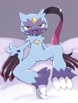  2022 ambiguous_gender anthro arm_tuft bedding bedding_background claws fangs featureless_crotch fur fur_tuft grey_body grey_ears grey_fur leg_tuft looking_at_viewer monuke30 multicolored_body narrowed_eyes nintendo open_mouth open_smile pok&eacute;mon pok&eacute;mon_(species) pokemon_legends_arceus purple_body red_eyes sitting smile sneasler solo spread_legs spreading tuft video_games 