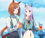  2girls animal_ears asymmetrical_bangs bangs blurry blurry_background blush braid braided_ponytail commission cup disposable_cup ear_bow glasses hand_up highres holding holding_cup horse_ears horse_girl horse_tail ikuno_dictus_(umamusume) long_sleeves looking_at_another mejiro_mcqueen_(umamusume) multiple_girls open_mouth orange_hair purple_eyes purple_hair round_eyewear shiny shirt shirt_tucked_in skeb_commission skirt smile sugamo_(rainysnowy108) suspenders tail teeth turtleneck umamusume upper_body white_shirt white_skirt yellow_eyes 