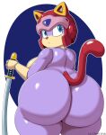  2022 absurd_res anthro armor big_butt breasts bubble_butt butt domestic_cat felid feline felis female headgear helmet hi_res huge_butt looking_back mammal melee_weapon polly_esther purple_body samurai samurai_pizza_cats short_stack side_boob simple_background solo sword thick_thighs ultrastax warrior weapon 