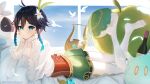  1boy androgynous bbtskazedaaaaa bird black_hair blue_eyes blue_hair blush colored_tips flower full_body genshin_impact hair_flower hair_ornament head_rest highres looking_at_viewer lying lyre male_focus multicolored_hair on_stomach otoko_no_ko pillow solo stuffed_animal stuffed_toy venti_(genshin_impact) 