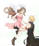  1boy 1girl aerith_gainsborough angel_wings arm_ribbon bangs bare_arms blonde_hair blush boots breasts brown_hair choker cleavage cloud_strife dress final_fantasy final_fantasy_vii final_fantasy_vii_advent_children flying full_body gloves green_eyes hair_down jacket jacket_removed krudears long_dress long_hair medium_breasts outstretched_arms parted_bangs parted_lips pink_dress ribbon sidelocks sleeveless sleeveless_turtleneck spiked_hair strap suspenders turtleneck unbuttoned_dress upper_body wavy_hair white_background white_wings wings 