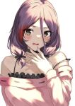  1girl :o fang hair_between_eyes hand_to_own_mouth hayasaka_mirei highres idolmaster idolmaster_cinderella_girls looking_at_viewer multicolored_hair nail_polish no_eyepatch off-shoulder_shirt off_shoulder older pink_shirt purple_hair red_hair shiny shiny_hair shirt simple_background solo spoonkoros streaked_hair twintails white_background 