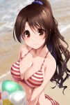  ass ball bangs beach beachball bikini blurry blurry_background breasts brown_eyes brown_hair collarbone commentary_request eyebrows_visible_through_hair highres holding holding_ball idolmaster idolmaster_cinderella_girls large_breasts light_blush long_hair looking_at_viewer navel outdoors paopao ponytail purple_scrunchie red_bikini scrunchie shimamura_uzuki smile solo stomach striped striped_bikini swimsuit upper_body water 