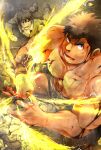  2boys abs aura bara battle blood brown_hair chest_hair commission dark-skinned_male dark_skin facial_hair fighting_stance from_above goatee highres kengo_(housamo) kontahsm large_pectorals long_sideburns lying male_focus master_4_(housamo) multiple_boys muscular muscular_male nipples on_stomach pectorals serious short_hair sideburns skeb_commission stubble thick_eyebrows tokyo_afterschool_summoners topless_male 