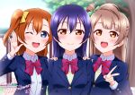  3girls absurdres bangs blazer blue_eyes blue_hair blue_jacket blush bow bowtie brown_eyes commentary_request eyebrows_visible_through_hair grey_hair haruharo_(haruharo_7315) highres jacket kousaka_honoka long_hair long_sleeves looking_at_viewer love_live! love_live!_school_idol_project minami_kotori multiple_girls one_eye_closed one_side_up open_mouth orange_hair otonokizaka_school_uniform red_bow red_bowtie school_uniform shirt smile sonoda_umi striped striped_bow striped_bowtie swept_bangs v white_shirt winter_uniform yellow_eyes 