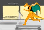  anthro balls bodily_fluids charizard destruction21 genitals gym hi_res male multicolored_body nintendo orange_body penis pok&eacute;mon pok&eacute;mon_(species) pokemon_unite solo sweat treadmill video_games watermark wings yellow_body 