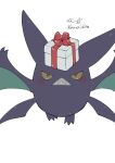  animal_focus artist_name bat blush box colored_sclera commentary crobat flat_color gift gift_box half-closed_eyes highres ka_ei_volltis looking_at_viewer no_humans object_on_head pokemon pokemon_(creature) red_eyes red_ribbon ribbon signature simple_background sketch solo straight-on teeth twitter_username white_background yellow_sclera 