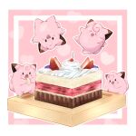  &gt;_&lt; animal_focus black_eyes blank_eyes blueberry blush_stickers border cake cherry claws clefairy closed_eyes commentary cream crumbs eating fangs food food_focus food_on_face fruit full_body happy heart heart_background highres holding holding_food ka_ei_volltis looking_at_viewer no_humans open_mouth outline pink_background pokemon pokemon_(creature) smile standing strawberry upside-down white_border white_outline 