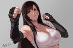  1girl angle bangs black_hair breasts cleavage clenched_hands detached_sleeves final_fantasy fingerless_gloves gloves grey_background highres lips long_hair looking_ahead perspective red_eyes serious sgk shiny shiny_skin signature strap sweat sweaty_clothes tank_top upper_body wet white_tank_top 