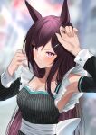  1girl absurdres alternate_costume animal_ears arm_up armpits black_hair blurry blurry_background blush closed_mouth collarbone commentary_request detached_sleeves hair_ornament hairclip highres horse_ears horse_girl kuro_imu looking_at_viewer maid mejiro_dober_(umamusume) purple_eyes solo umamusume 