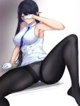  1girl armpits bangs bare_arms bare_shoulders between_breasts black_hair black_legwear blue_archive blue_eyes blue_hair blush breasts buttons closed_mouth commentary covered_nipples covering_one_eye double-breasted elf feet forehead glasses gloves half_gloves hand_up highres knee_up large_breasts long_hair looking_at_viewer multicolored_hair necktie necktie_between_breasts no_bra no_shoes panties panties_under_pantyhose pantyhose parted_bangs pointy_ears rin_(blue_archive) shadow sitting sleeveless solo split_mouth spread_legs thighs two-tone_hair tyamurai33 underwear white_gloves white_panties 