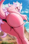  2021 5_fingers alien alien_humanoid breasts butt butt_focus clothing cloud day dragon_ball dragon_ball_fighterz female fingers genitals hair humanoid krabby_(artist) long_hair looking_at_viewer looking_back majin majin_android_21 not_furry panties pink_body pink_skin pussy red_eyes rock side_boob sky smile solo text underwear url white_hair 