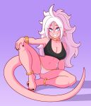  2021 5_fingers 5_toes alien alien_humanoid blue_eyes breasts cleavage clothed clothing colored_nails dragon_ball dragon_ball_fighterz ear_piercing ear_ring feet female fingers hair hi_res humanoid humanoid_feet humanoid_pointy_ears long_hair majin majin_android_21 nails navel not_furry piercing pink_body pink_skin simple_background smile teeth thechemicalbro toes white_hair 