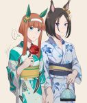  2girls air_groove_(umamusume) alternate_hairstyle animal_ears bangs blue_eyes brown_background brown_hair candy_apple closed_mouth ear_covers floral_print food green_eyes hairband highres holding_hands horse_ears japanese_clothes kimono kinchaku long_hair long_sleeves motion_lines multiple_girls obi parted_lips pouch sash short_hair silence_suzuka_(umamusume) simple_background sugamo_(rainysnowy108) umamusume upper_body yukata yuri 