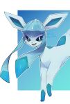  animal_focus artist_name blue_background blue_hair blue_sclera blue_theme blush border colored_sclera commentary fangs glaceon gradient gradient_background happy highres jumping ka_ei_volltis light_blush long_hair looking_at_viewer no_humans open_mouth outline outside_border pokemon pokemon_(creature) shiny shiny_hair signature simple_background smile solo teeth tongue twintails twitter_username upper_body white_border white_eyes white_outline 