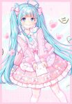  1girl absurdres ahoge bag blue_eyes blue_hair border bow cardigan closed_mouth collared_dress commentary cone_hair_bun crbbie digital_stars digital_stars_miku digital_stars_miku_(2021) double_bun dress english_text envelope frilled_dress frills hair_bow hair_bun hair_ornament hairband hatsune_miku headphones highres holding holding_envelope jacket knees_together_feet_apart long_hair long_sleeves looking_at_viewer md5_mismatch multicolored_hair necktie pastel_colors patterned_clothing pink_hair ribbon smile solo twintails two-tone_hair very_long_hair vocaloid yume_kawaii 