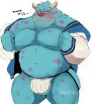  2022 anthro belly big_belly blue_body blue_fur blush bulge clothing disney fur humanoid_hands hyaku_(artist) japanese_text kemono male monster monsters_inc moobs navel overweight overweight_male pixar simple_background solo sulley text underwear white_background 