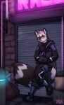  alley anthro clothing cyberpunk drokmars footwear hand_in_pocket hi_res hoodie leaning leaning_on_wall looking_at_viewer male mammal night pockets procyonid raccoon shoes sneakers solo topwear 