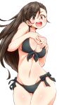  1girl :d aono3 asymmetrical_bangs bangs bikini black_bikini breasts brown_eyes brown_hair cleavage commentary cowboy_shot eyebrows_visible_through_hair front-tie_top girls_und_panzer groin halterneck hands_on_own_chest highres long_hair looking_at_viewer medium_breasts navel nishi_kinuyo open_mouth side-tie_bikini simple_background smile solo straight_hair swimsuit white_background 