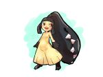  1girl :3 absurdres artist_name bangs black_hair black_skin blunt_bangs blush closed_mouth colored_skin commentary extra_mouth flat_chest full_body happy highres ka_ei_volltis light_blush looking_to_the_side mawile multicolored_skin open_mouth pokemon pokemon_(creature) red_eyes sharp_teeth sidelocks signature simple_background sketch smile solo standing teeth two-tone_background two-tone_skin white_background yellow_skin 
