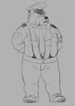  2022 absurd_res anthro bottomwear canid canine canis clothing domestic_dog eyes_closed hi_res kamui_shirow male mammal pants police police_hat police_officer shirt simple_background sketch slightly_chubby solo suspenders topwear 