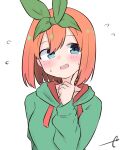  1girl :d bangs blue_eyes blush commentary_request eyebrows_behind_hair flying_sweatdrops go-toubun_no_hanayome green_hoodie green_ribbon hair_between_eyes hair_ribbon hand_up head_tilt highres hood hood_down hoodie index_finger_raised kujou_karasuma long_sleeves looking_away looking_to_the_side nakano_yotsuba orange_hair puffy_long_sleeves puffy_sleeves ribbon signature simple_background sleeves_past_wrists smile solo sweat upper_body white_background 