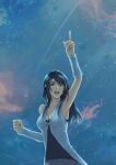  1girl absurdres arm_warmers armpits black_hair breasts cloud final_fantasy final_fantasy_viii highres long_hair looking_at_viewer noie_(neunteedelstein) open_mouth pointing pointing_up rinoa_heartilly sleeveless_duster smile solo teeth upper_teeth 