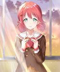  1girl bangs blue_eyes blush bow bowtie candy chocolate classroom closed_mouth cloud curtains food gorilla-shi hair_ornament hair_ribbon hairclip hands_on_own_chest heart heart-shaped_chocolate highres holding holding_food kurosawa_ruby long_sleeves looking_at_viewer love_live! love_live!_sunshine!! pink_hair ribbon school_uniform short_twintails skirt sleeves_past_wrists smile solo sunset twintails window 